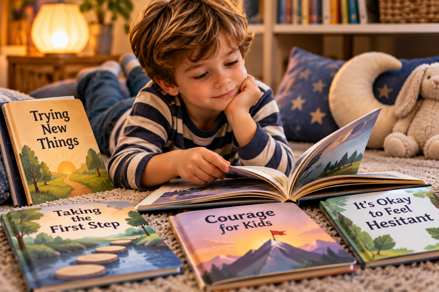 Parent and hesitant young child choosing picture books about courage, trying new things, and new experiences.