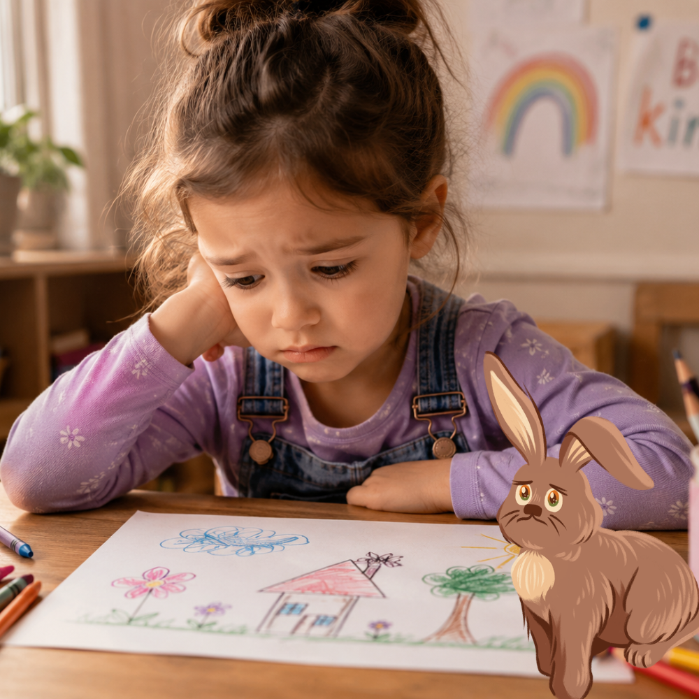 A child looking worried over an imperfect drawing while Yabbit the Rabbit and Snail sit nearby, showing that mistakes can be part of taking tiny brave steps.