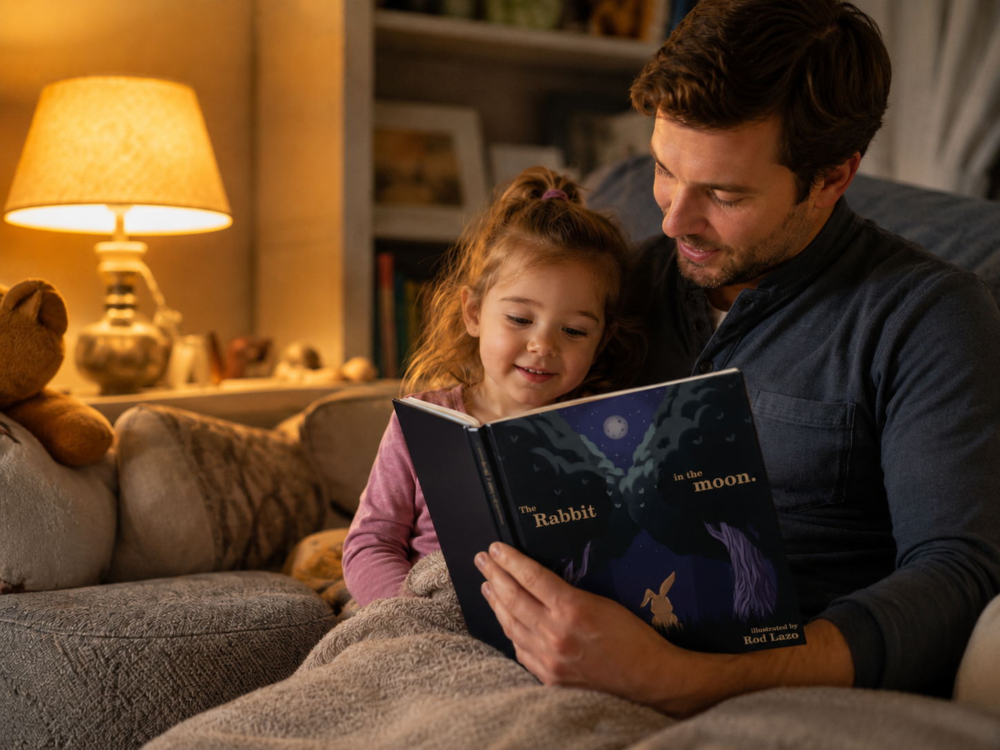 A child sitting beside a parent with The Rabbit in the Moon nearby, showing how gentle read-alouds and small steps can help struggling readers build confidence.