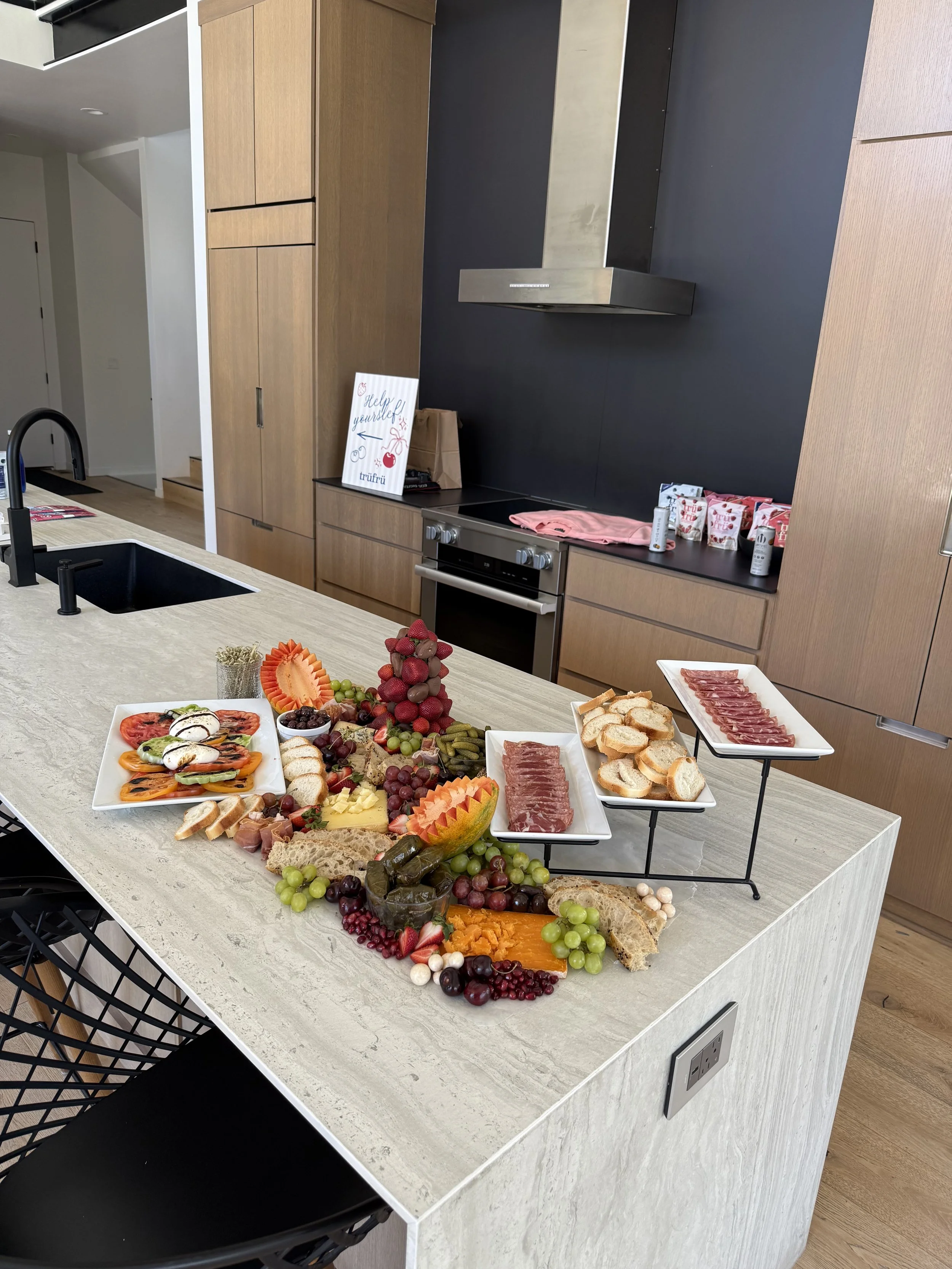 Flat lay charcuterie grazing table for Litia Garr's bachelorette party in Orem, Utah