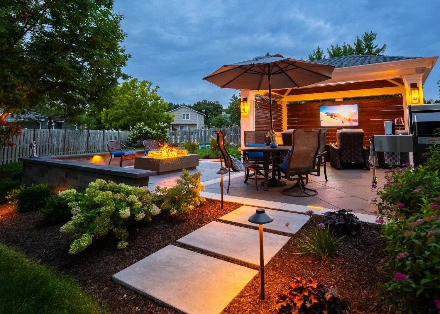 Paver patio, fire feature and lighting in Plainfield, IL