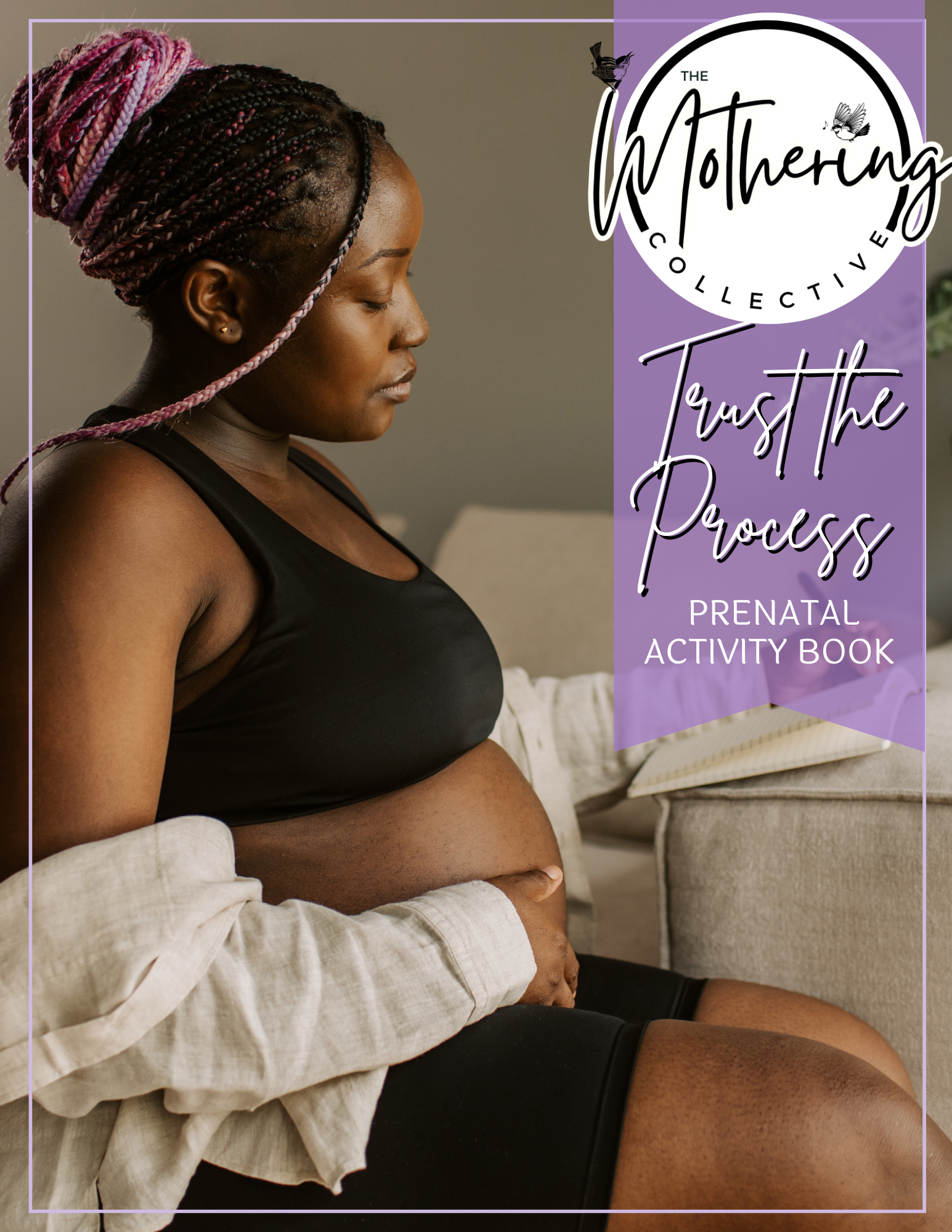 Pregnant woman holding belly with 'Trust the Process' text