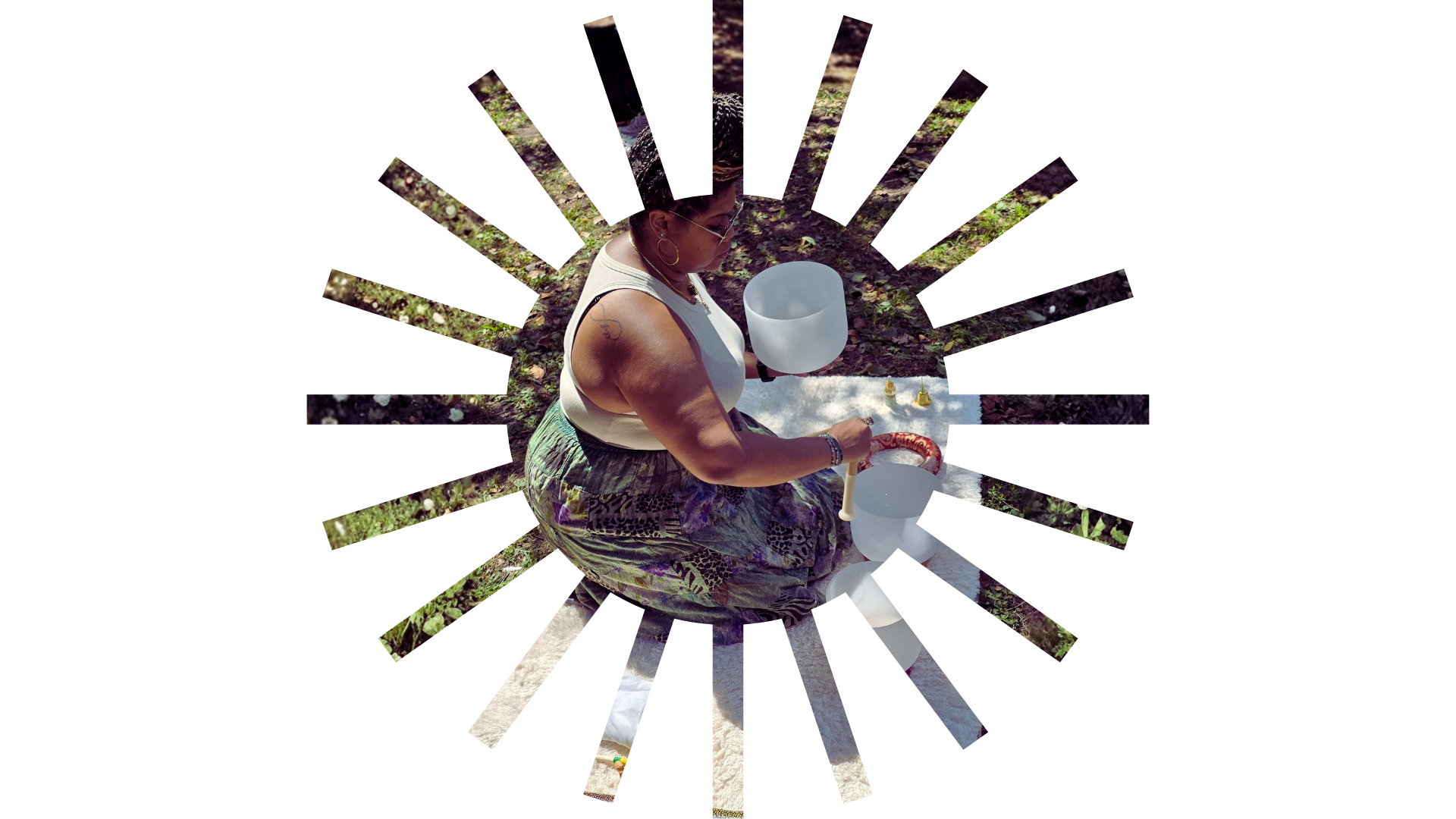 woman playing sound bowls on a rug in a park pictured in a sun shaped frame.