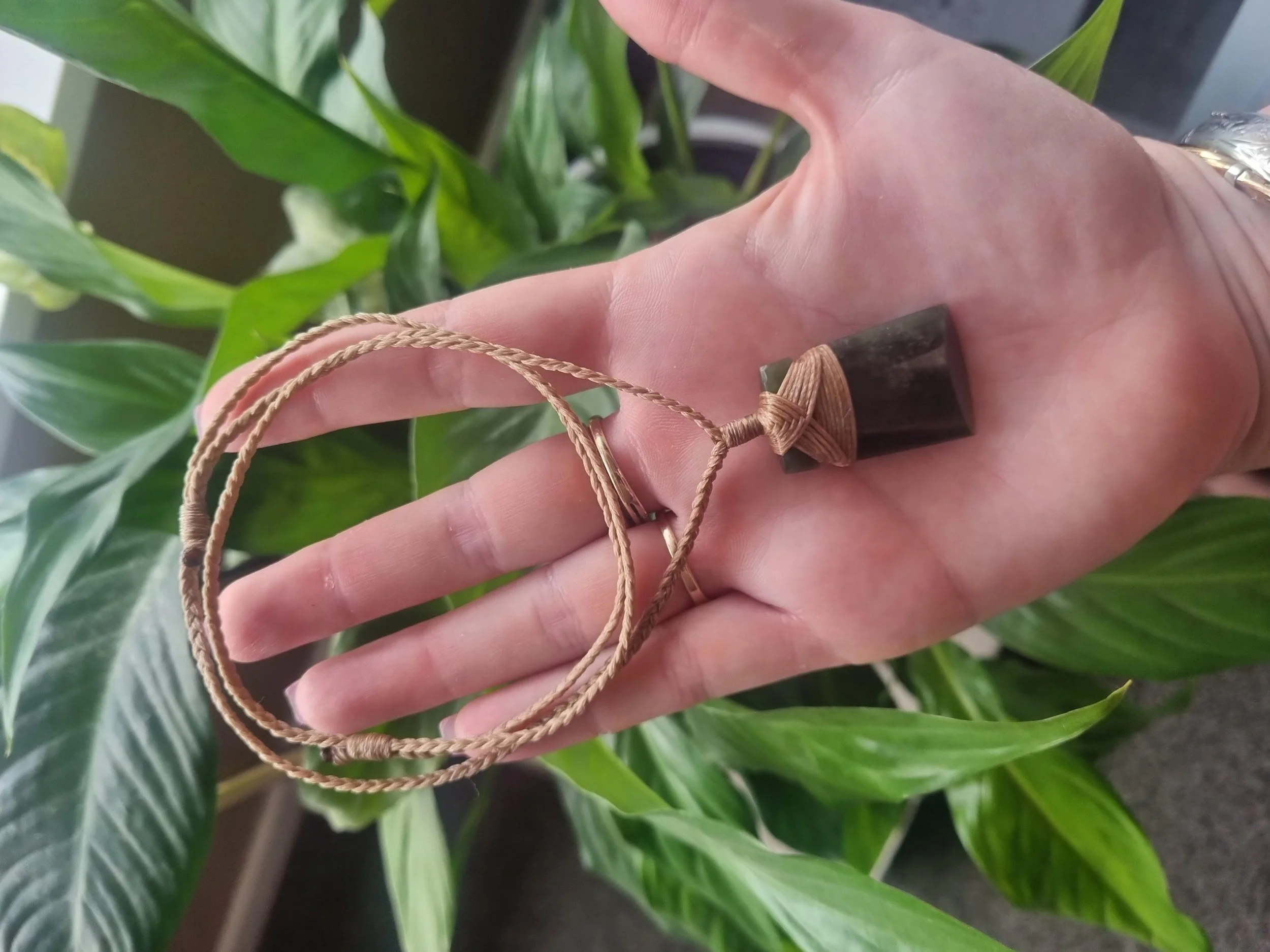 A hand holding a small object attached to a string, with green leafy plants in the background.