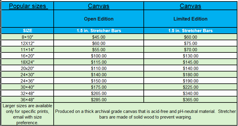 A table comparing prices and sizes of open edition and limited edition canvas stretcher bars, ranging from 8x10 inches to 36x48 inches, with notes about larger sizes and material quality at the bottom.