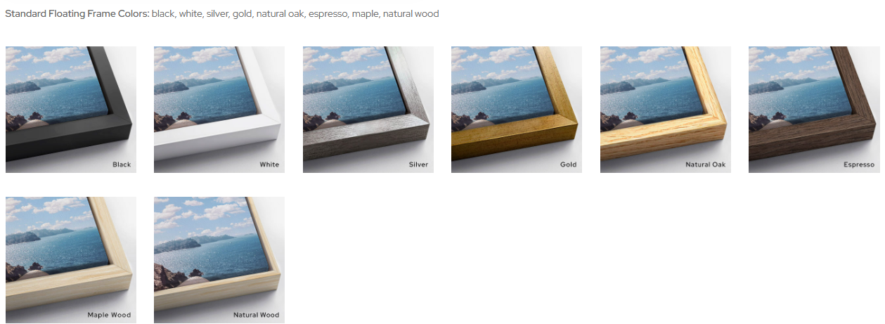 Collection of floating picture frames in various colors and finishes, including black, white, silver, gold, natural oak, espresso, maple wood, and natural wood, each displaying a scenic ocean view with clouds and distant land.