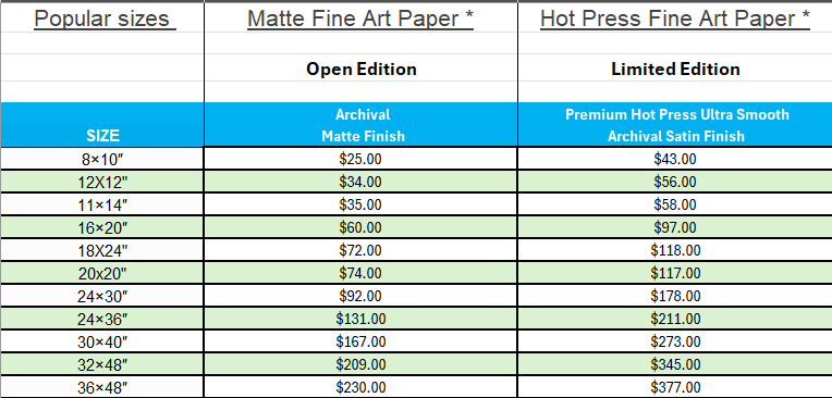 Comparison chart of popular sizes of matte fine art paper and hot press fine art paper, showing prices for open and limited editions.