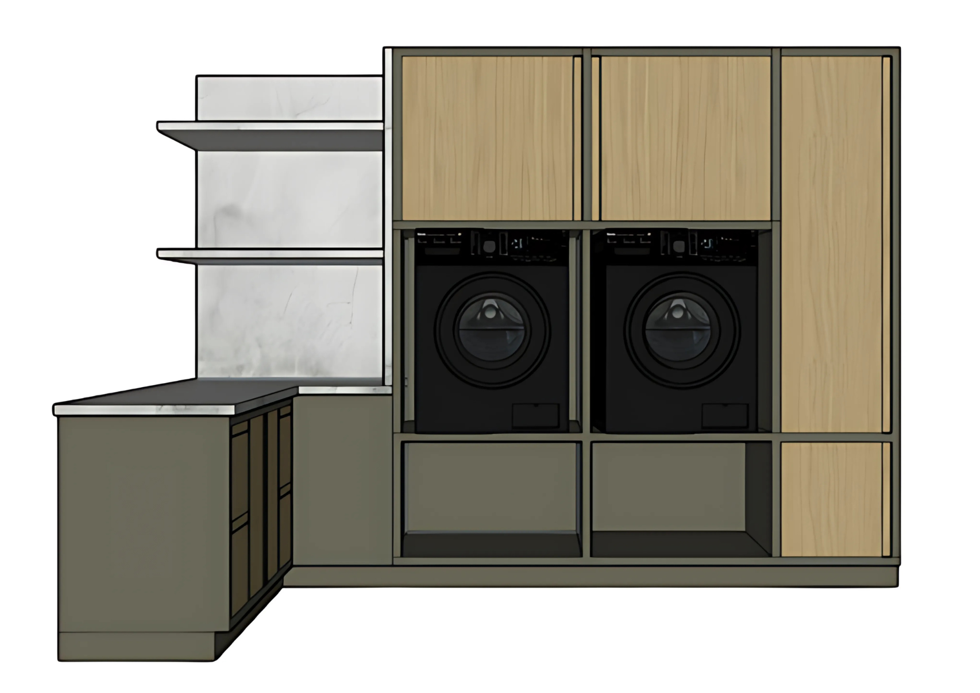 "A high-quality render showcasing the bespoke joinery designed and crafted to fit perfectly within the space, emphasizing craftsmanship and custom design details.