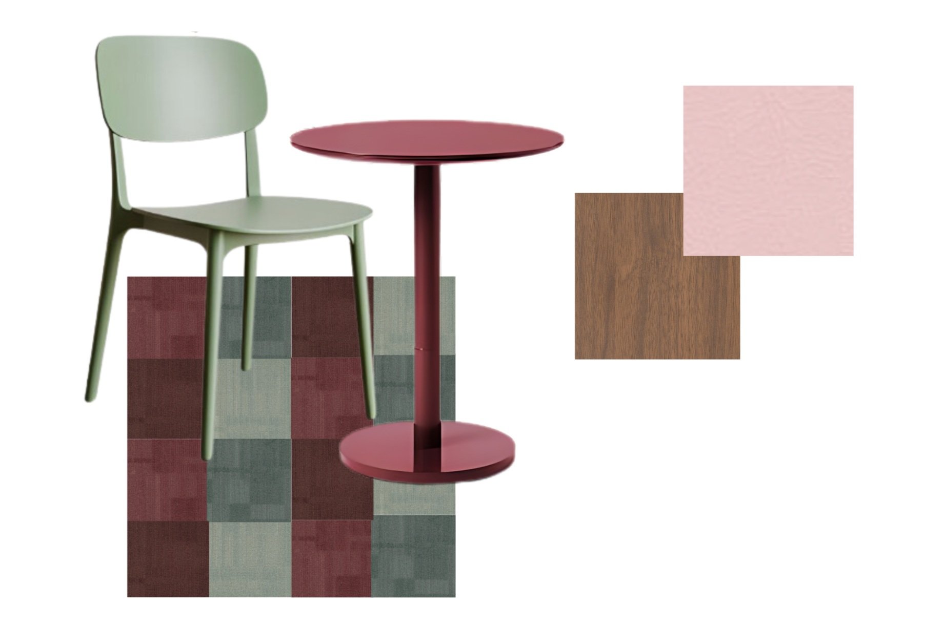 A materials and furniture board for the conference room at Deco Design Hub, featuring a blend of practical, elegant furniture and materials that foster collaboration and professionalism.