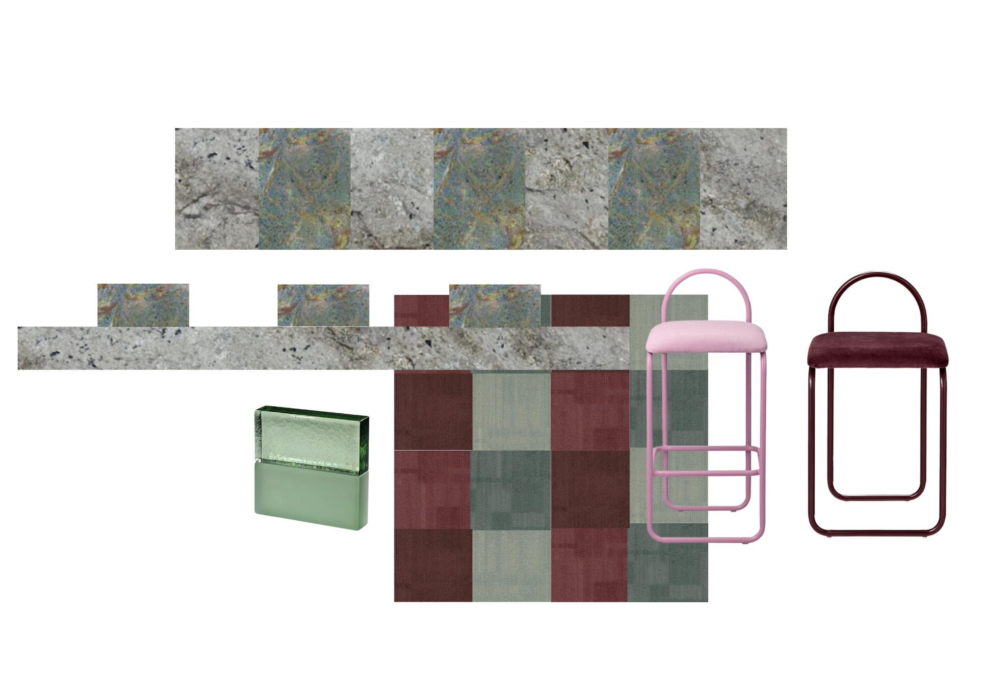 A furniture and materials board for the Deco Design Hub office space, featuring a curated selection of modern office furniture, color palettes, and materials that enhance productivity and style.