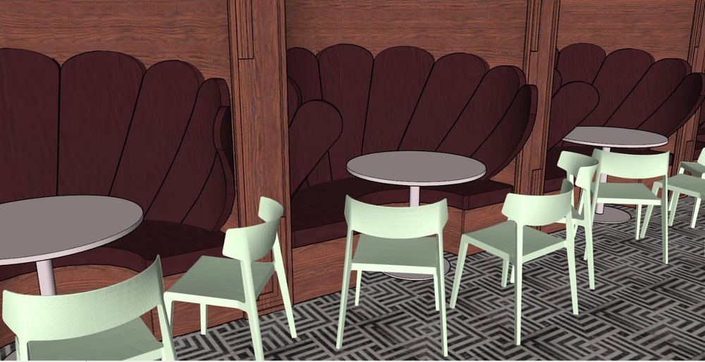 A high-quality render showcasing the interior of the Deco Design Hub, highlighting its modern Art Deco-inspired bespoke furniture.