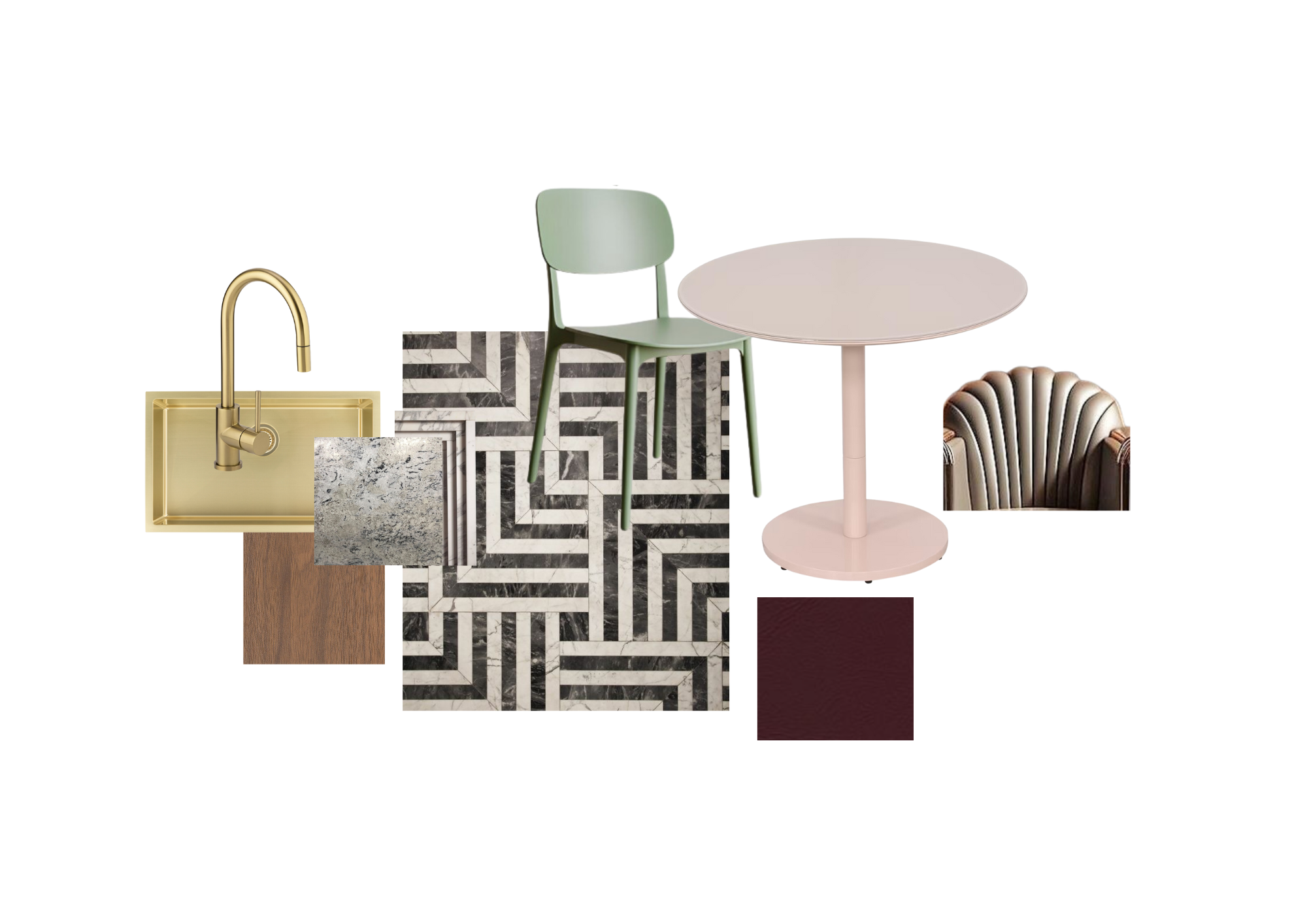 A materials and furniture board for the kitchen at the deco design hub.