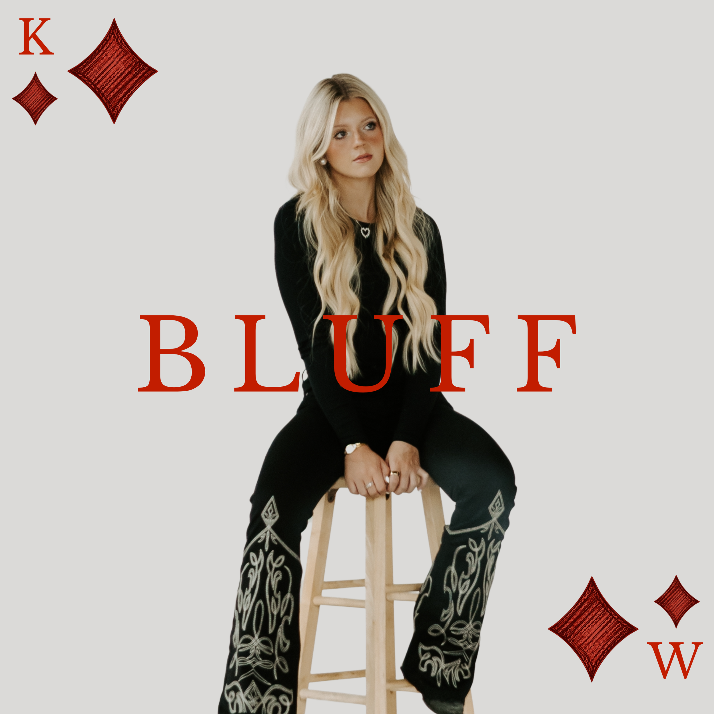 Kendale Walker, country singer, sitting on a stool wearing all black with words that say BLUFF in red over.
