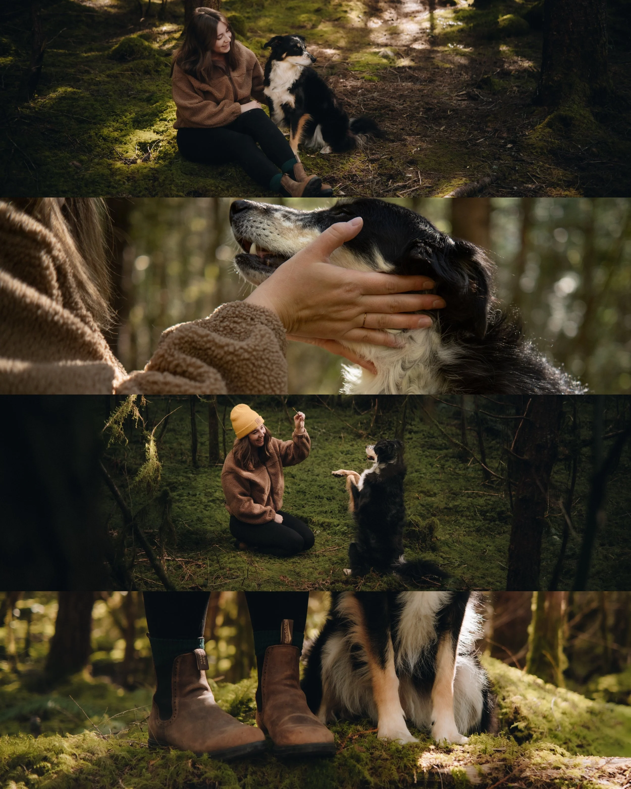A woman sitting on the forest floor with a dog beside her, touching its face. Kneeling and playing with a dog, they're both in a wooded area. Close-up of boots on mossy ground near the dog.