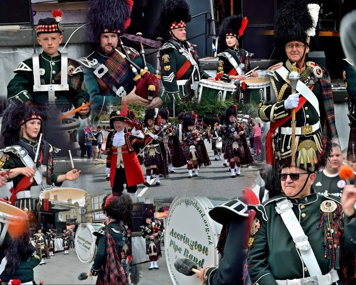 Members of a Scottish pipe band in traditional uniforms performing at a parade