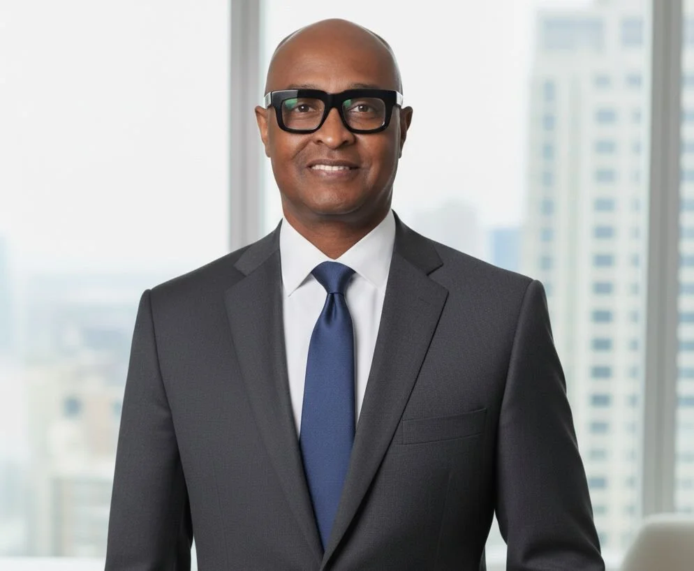 Director of the Barbara Jordan Policy Research and Survey Center, Dr. Michael O. Adams, in a suit and tie wearing glasses, standing in an office with city buildings in the background.
