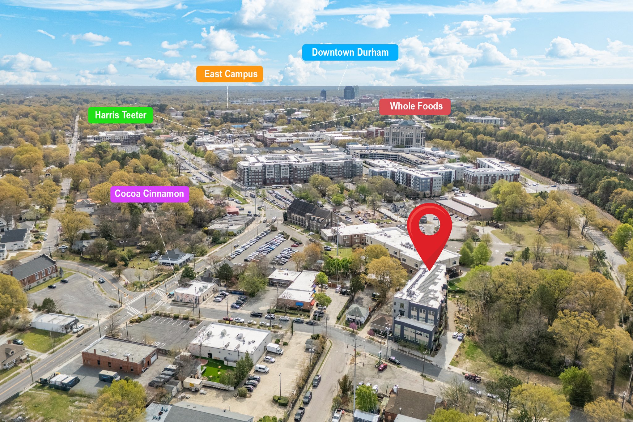 Professionally drone photographed urban condo listing in Old West Durham, Durham, NC