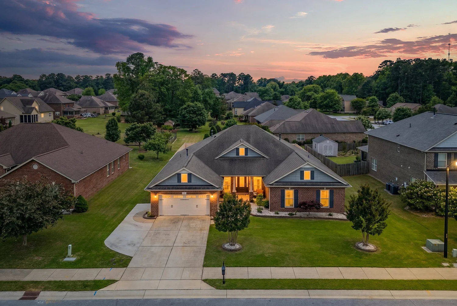 Twilight aerial photo of a home exterior in Rolesville, NC by Bull City Media