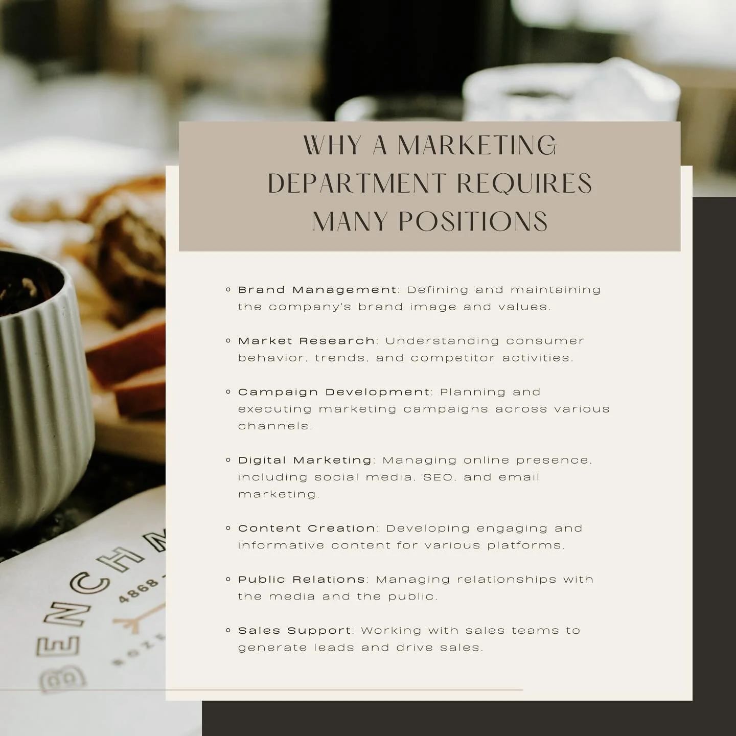 Marketing Department vs Marketing Director. Many businesses make the mistake and thinking they can hire a marketing director who is well-versed in shooting content, editing, content, executing content, as well as supporting sales, graphic design, pub