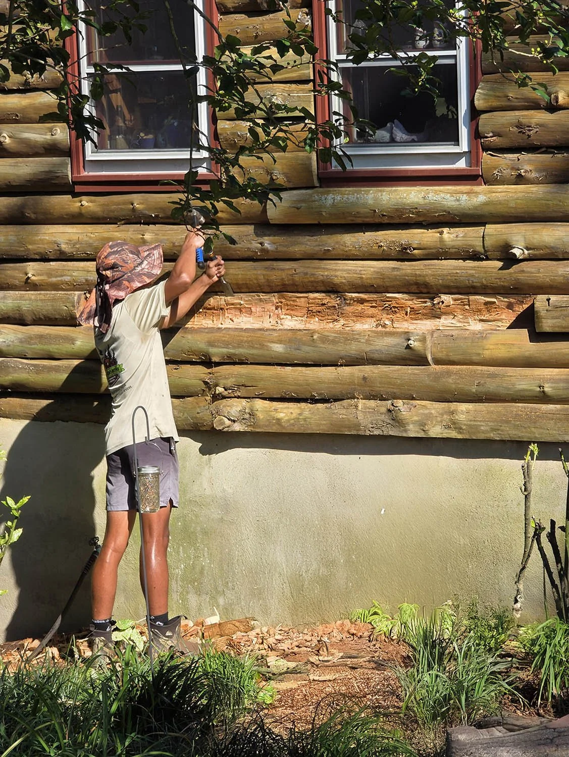 We patched up the rotted logs by refacing and epoxy, as needed.