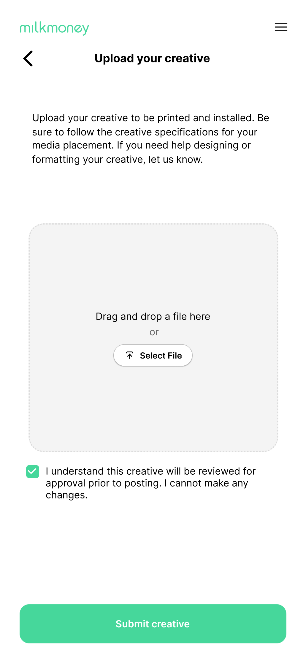 MilkMoney platform upload stage