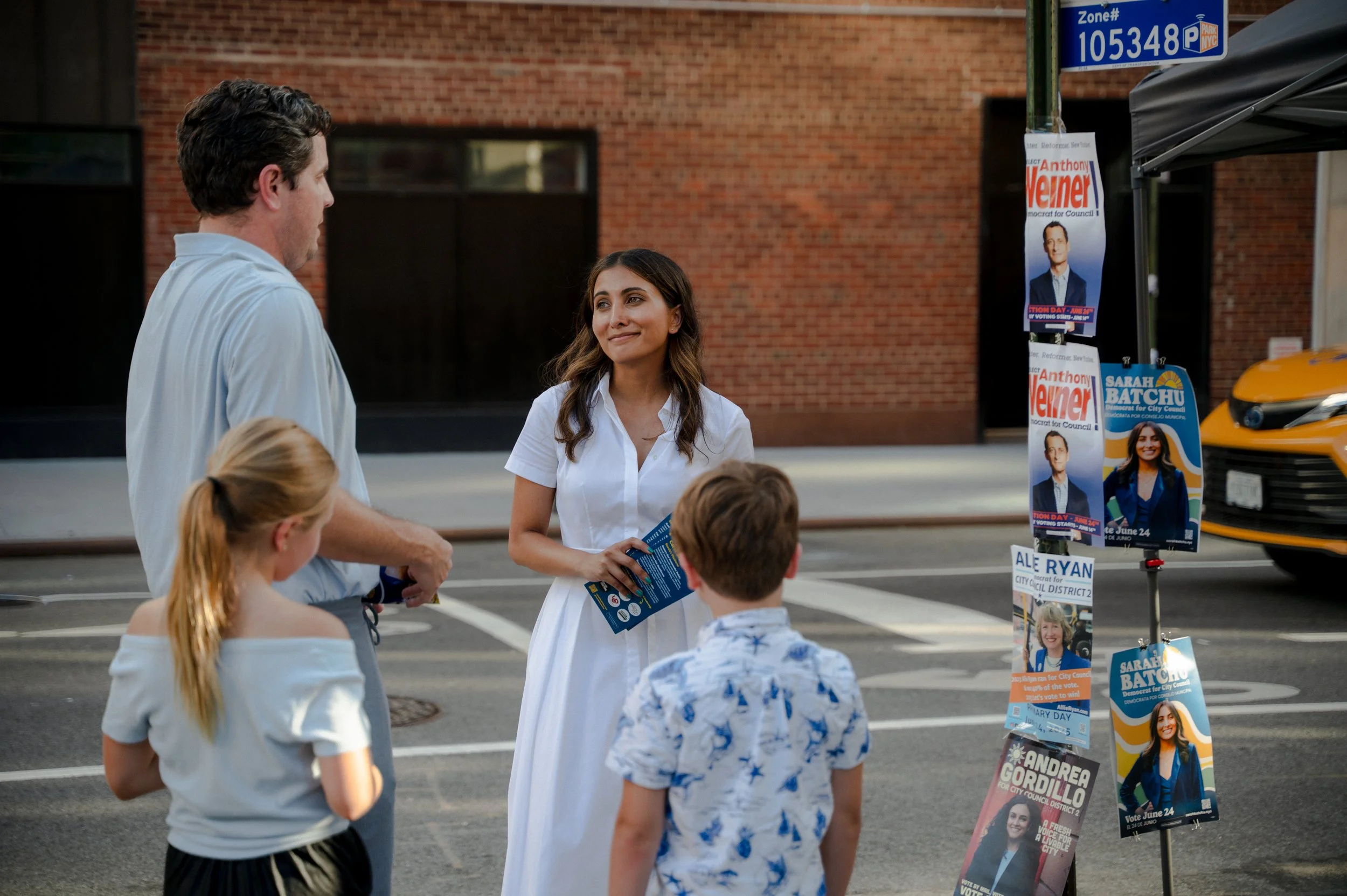 Candidate Sarah Batchu at her polling site in Manhattan on New York’s Democratic Primary Election Day (June 24, 2025)