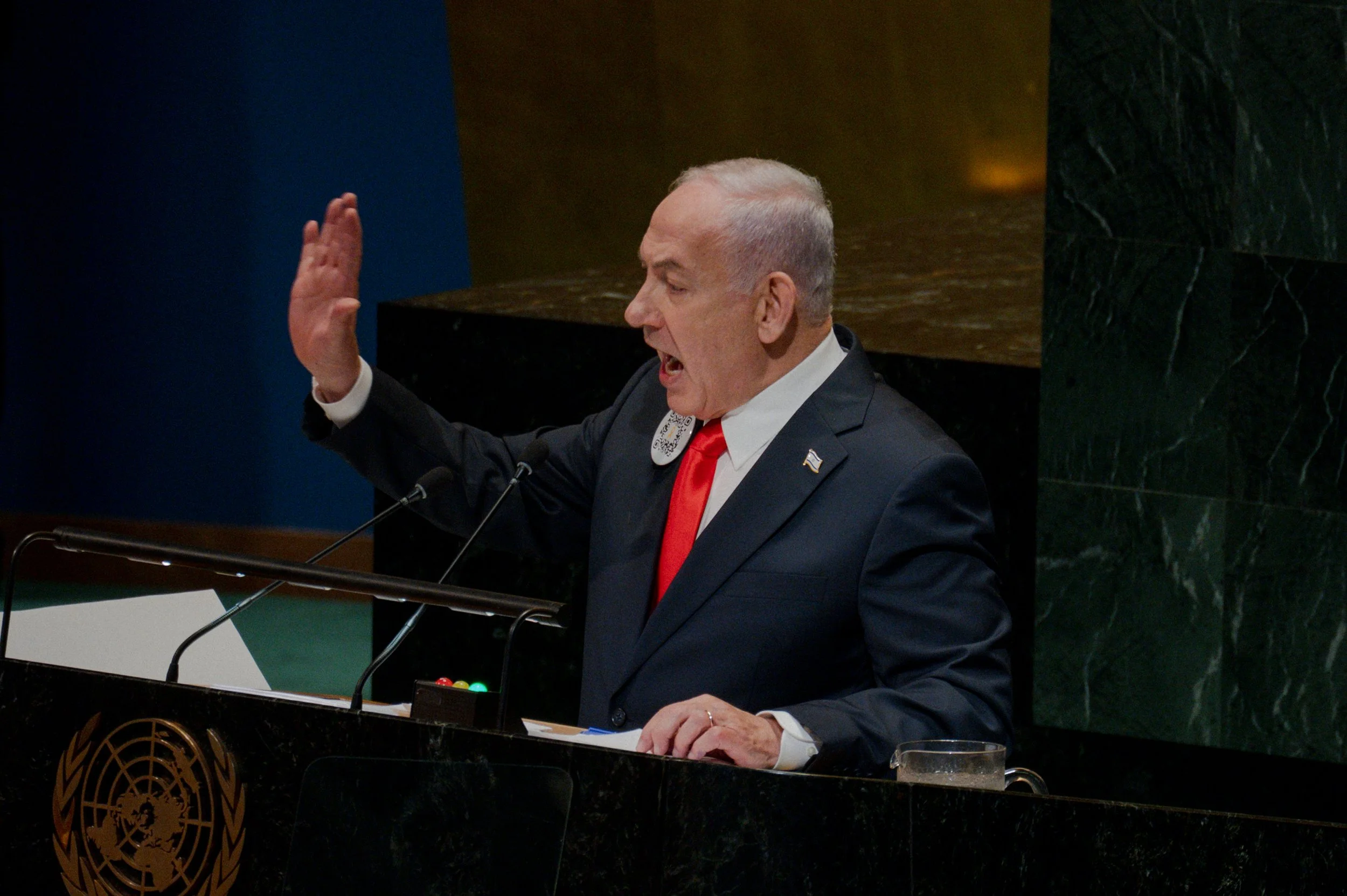 NEW YORK, NY - SEPTEMBER 26: Israeli Prime Minister Benjamin Netanyahu addresses the United Nations General Assembly during the General Debate of the 80th session (UNGA 80) at UN Headquarters on September 26, 2025 in New York City.