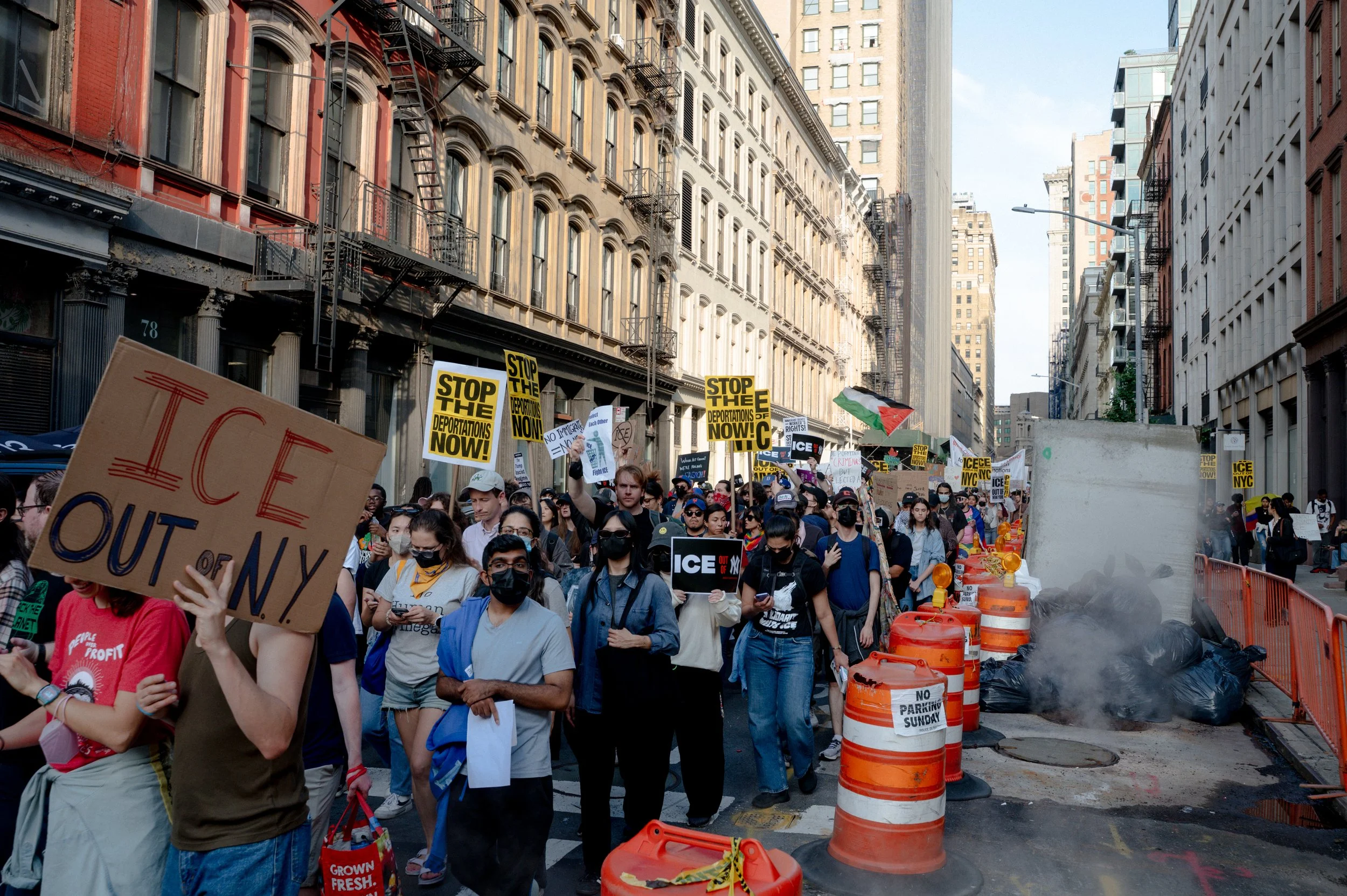 Protesters gather at Federal Plaza in New York City to denounce recent ICE raids, part of a national wave of demonstrations sparked by arrests in Los Angeles earlier this week (June 10, 2025)