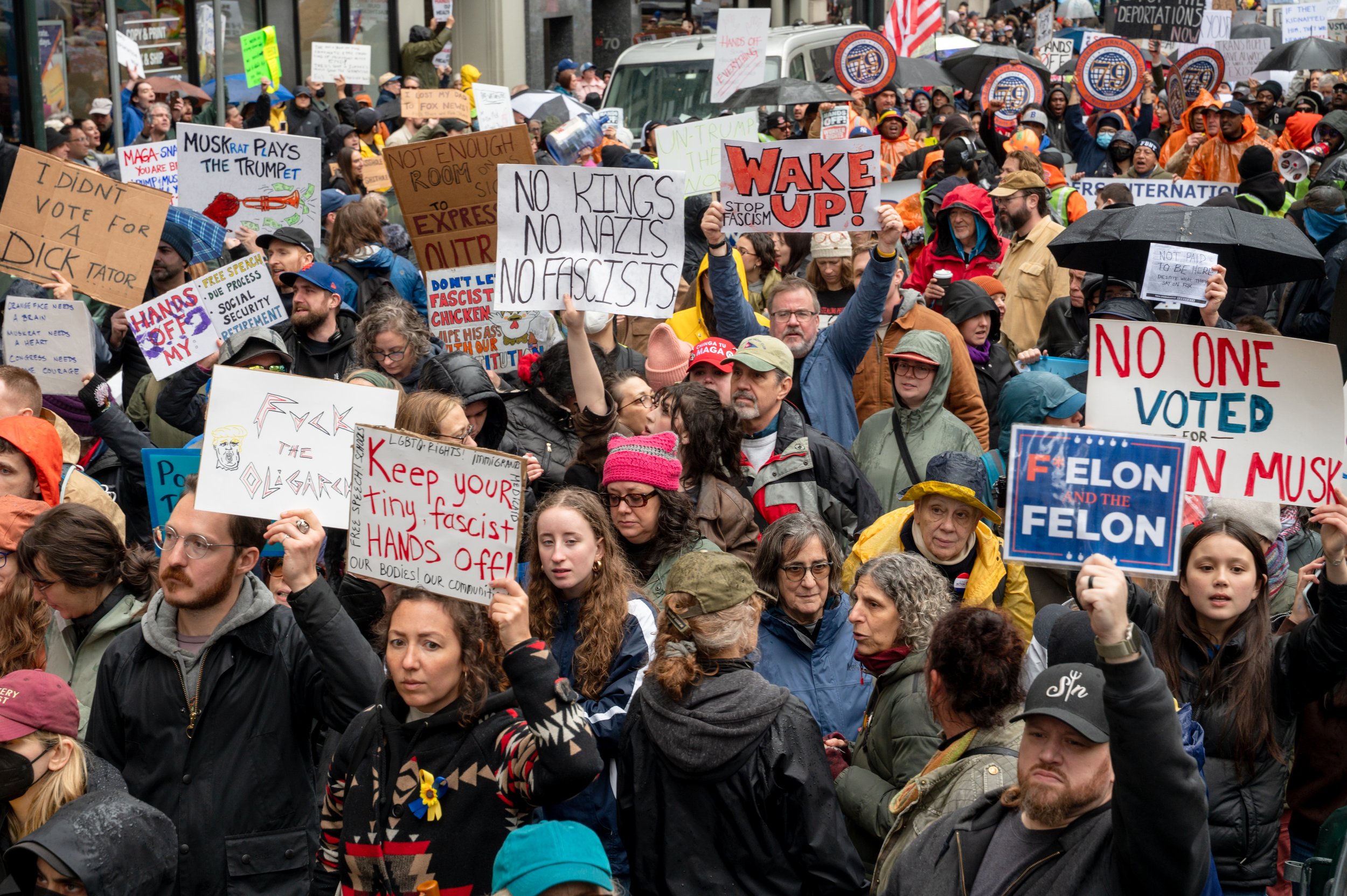 NEW YORK, NY - APRIL 5: People protest against President Trump and Elon Musk's administration in New York City on April 5, 2025.