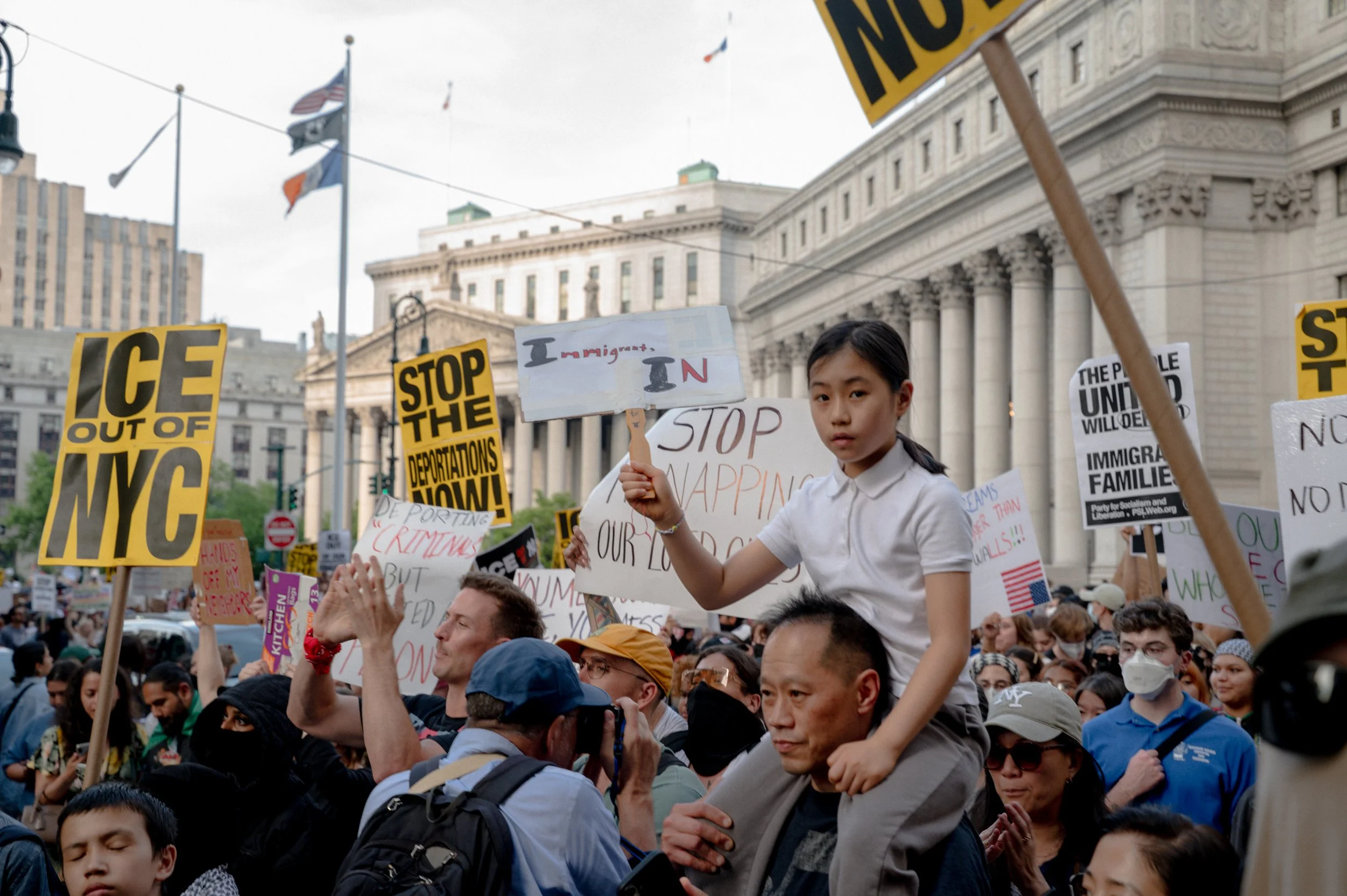 Protesters gather at Federal Plaza in New York City to denounce recent ICE raids, part of a national wave of demonstrations sparked by arrests in Los Angeles earlier this week (June 10, 2025)