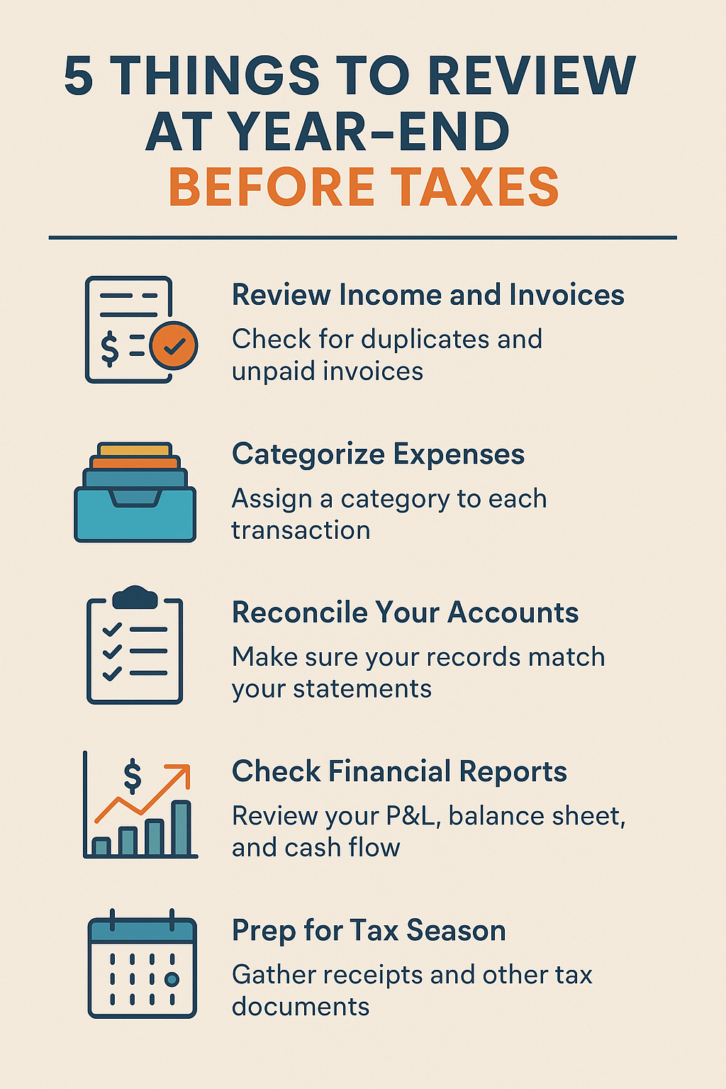 A graphic briefly explaining what to do before tax season in regards to bookkeeping
