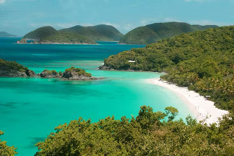 A stunning tropical beach near St. John's Antigua, featuring turquoise waters, lush green hills, and a white sandy shoreline curving along the coast under a bright blue sky.