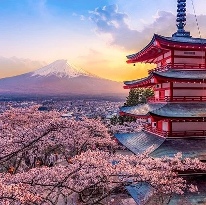 A vibrant photo featuring the iconic Chureito Pagoda in the foreground, surrounded by blooming cherry blossom trees. In the distance, Mount Fuji rises majestically under a colorful sunset sky, with the cityscape of Tokyo spread out below.