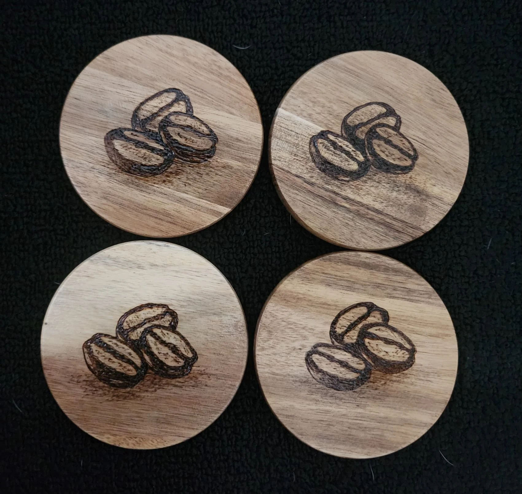 Coffee Bean Coasters - 
Set of 4 on acacia wood, with metal holder
$30.00