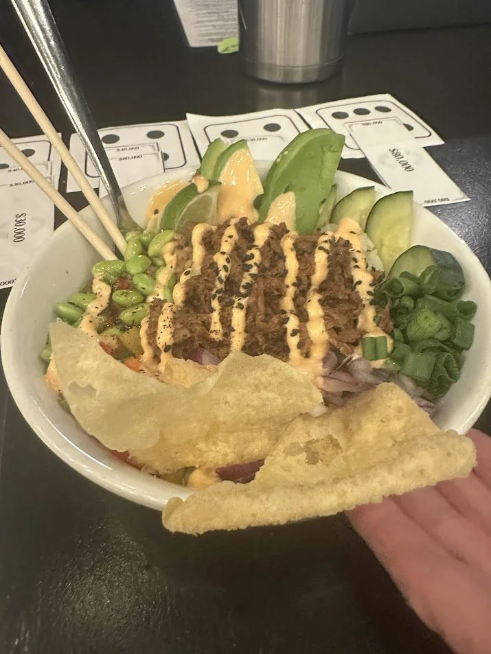 Vegan Midwest Poke Bowl with Harvest Shreds at our Vegan Game Night and St. Louis Veganuary campaign meeting at Pieces Board Game Bar and Cafe in Soulard.jpg