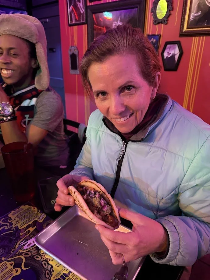 Jenna Luzynski enjoying a taco at our Vegan Taco Party at Terror Tacos on South Grand in St. Louis, Missouri.jpg