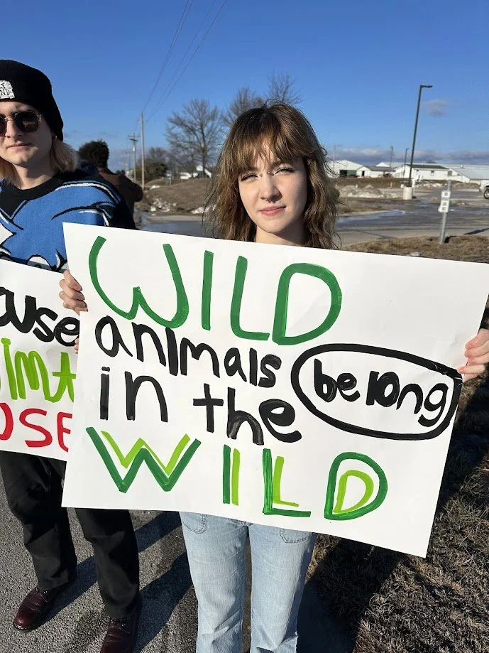 Rachael holding a sign that says wild animals belong in the wild.jpg
