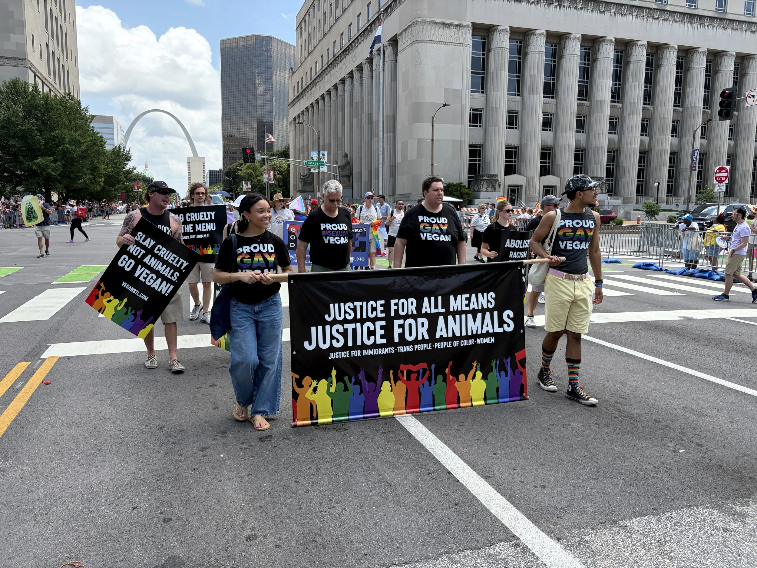 Queer vegan activists marching near the courthouse in downtown St. Louis as part of our Vegan Pride Parade.jpg