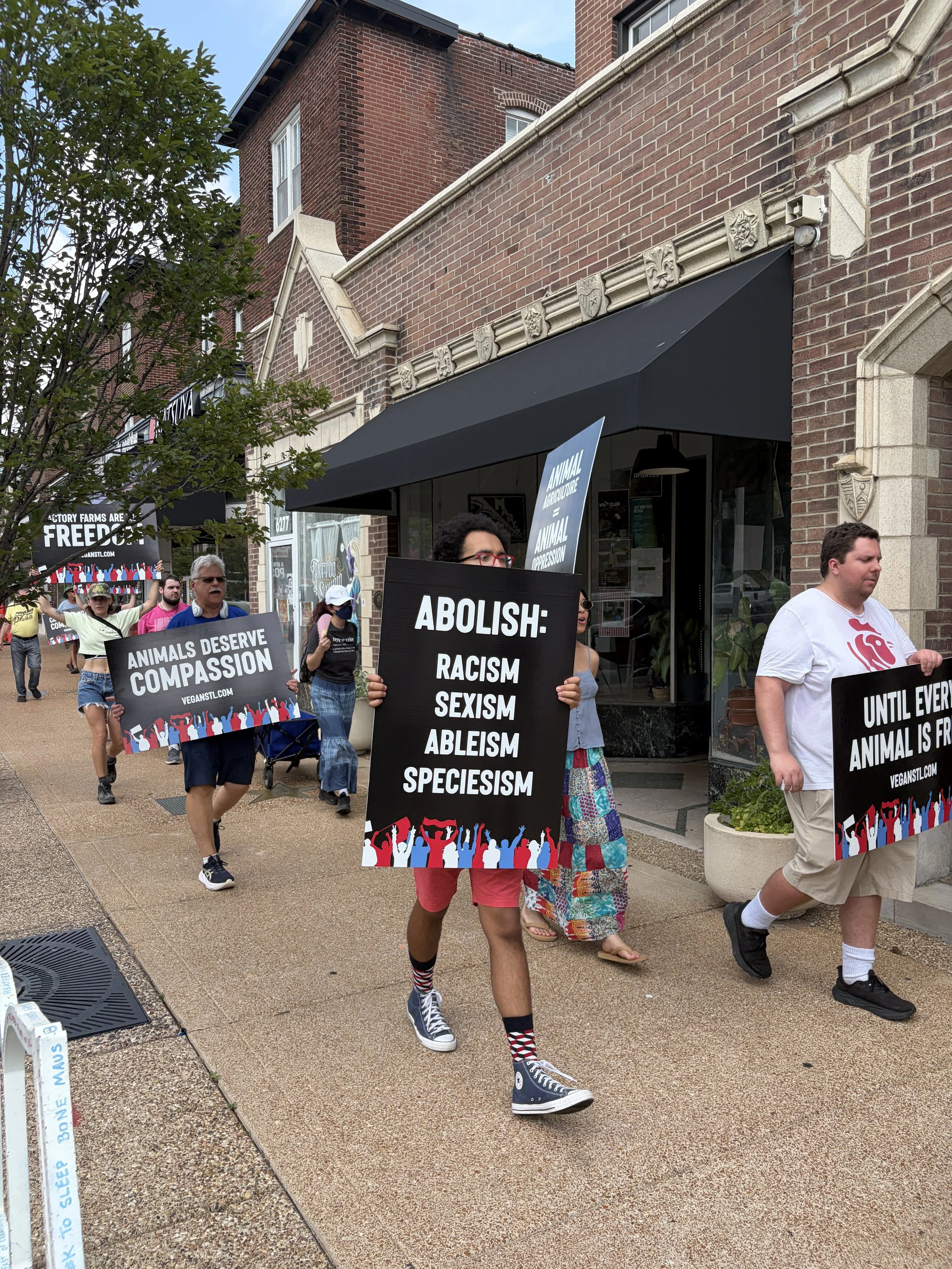 More activists marching past storefronts along the Delmar Loop as part of our Animal Freedom March