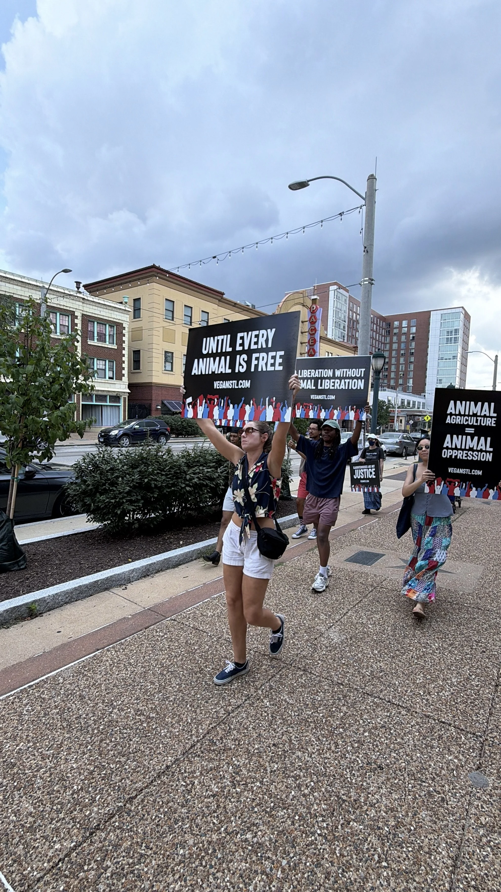 Vegan animal rights activists marching at our Animal Freedom March beneath a cloudy sky