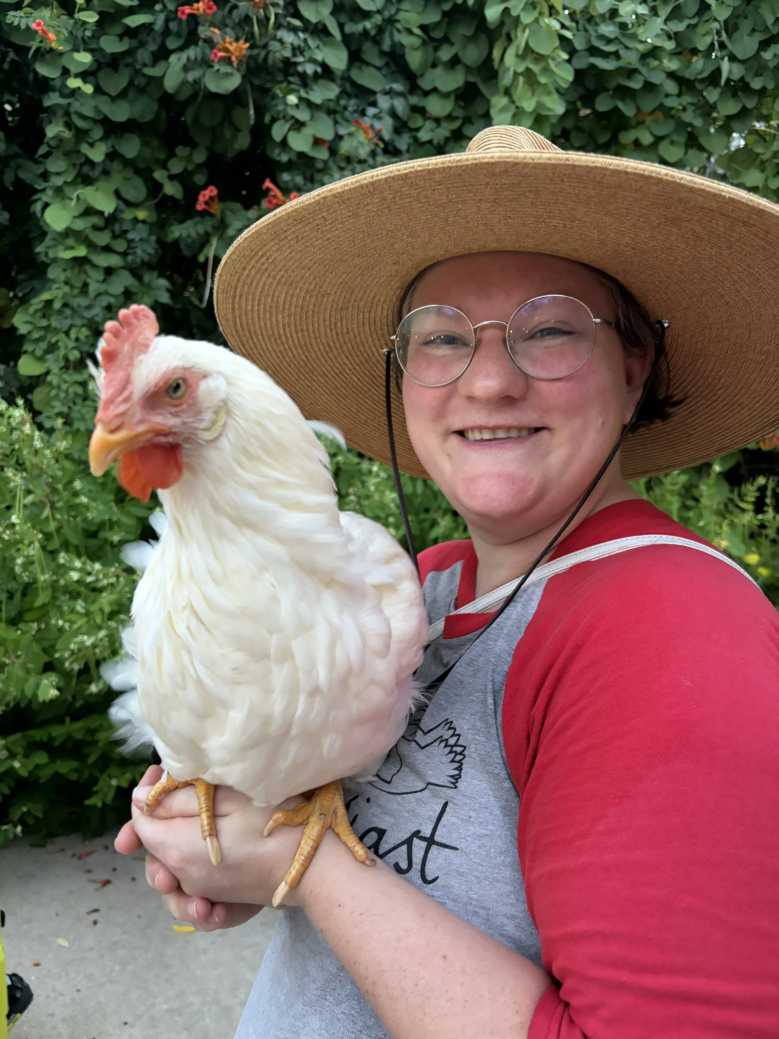 Volunteer for Second-Hen_d at Flock Party with a rescue hen in St. Louis, Missouri.png