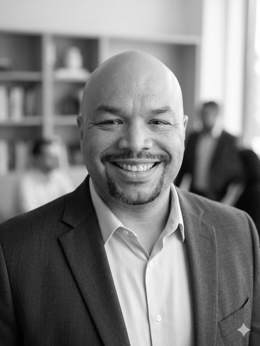 Black and white photo of a smiling man in a suit indoors, with blurred background of a room with shelves and other people.