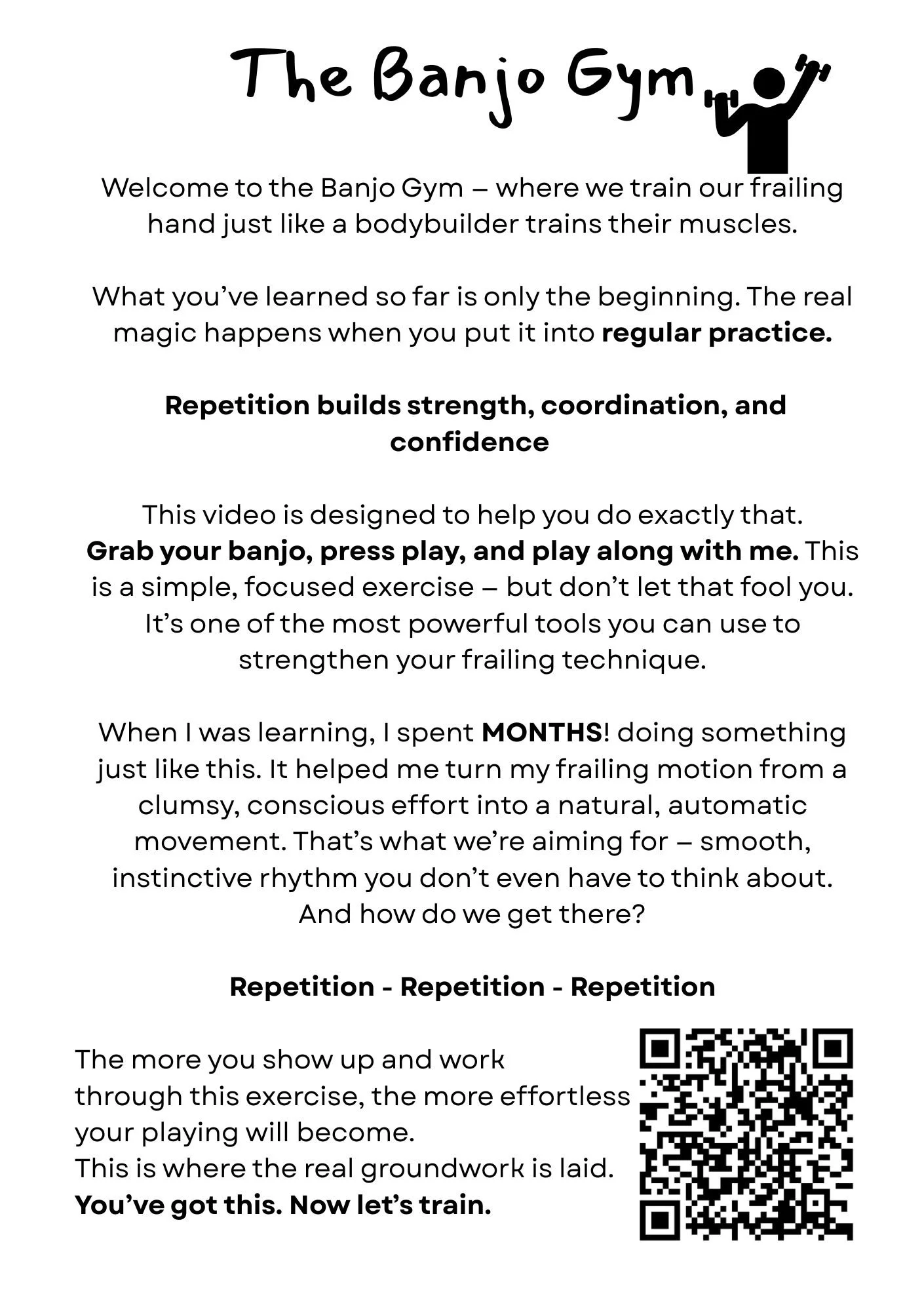Flyer for The Banjo Gym, promoting hand and muscle training exercises with instructions and a QR code for additional content.