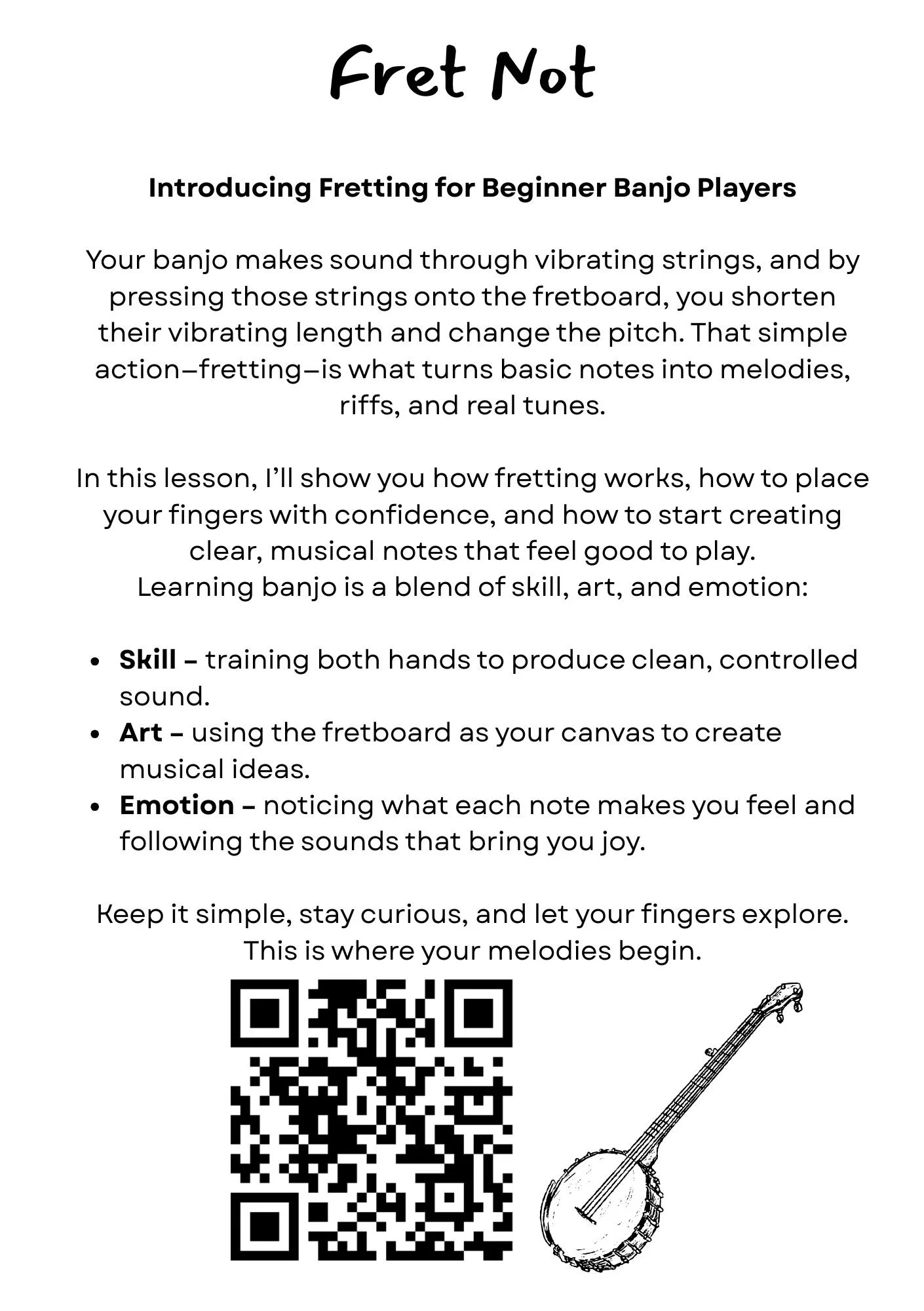 A printed page outlining basics of fretting for beginner banjo players, including importance of skill, art, and emotion, with a QR code and a simple illustration of a banjo at the bottom right corner.