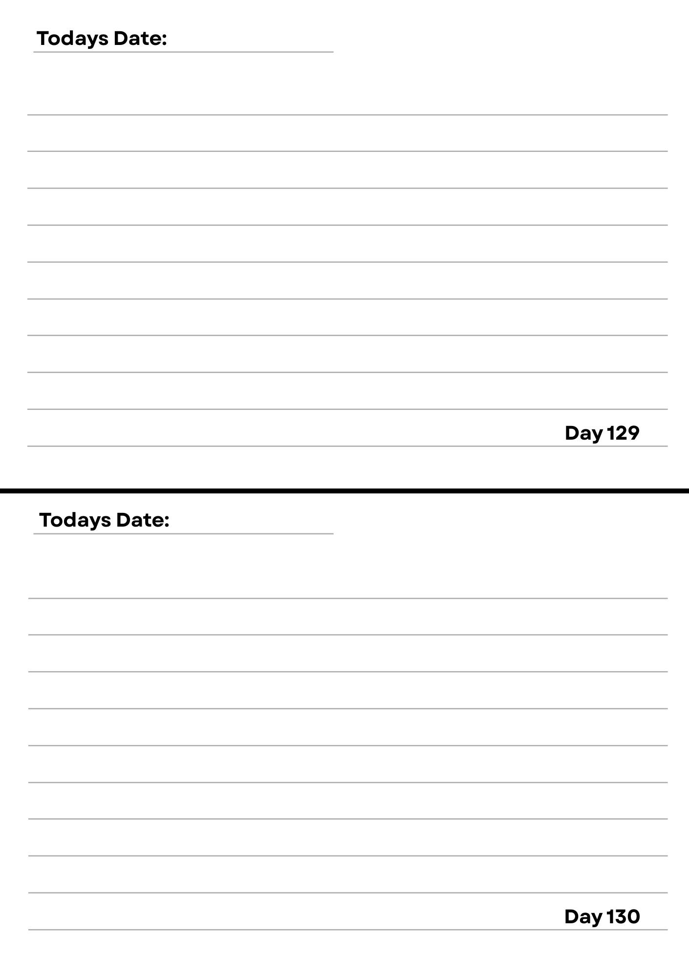 Blank two-page weekly planner with spaces for writing, dated Day 129 and Day 130, with lines for notes. The top of the pages has a section labeled 'Today's Date:'.