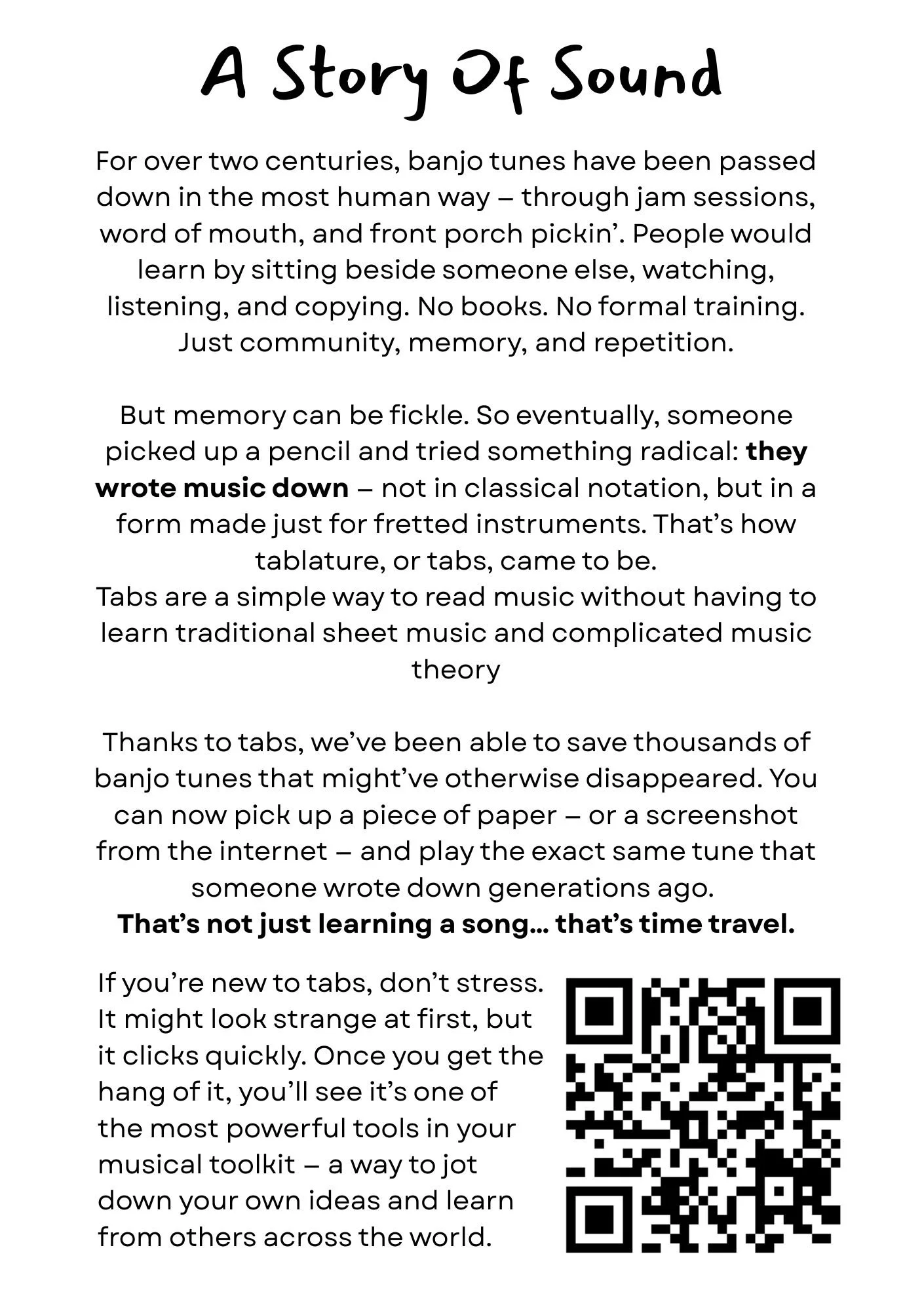 A printed flyer titled 'A Story of Sound' describing the evolution of musical notation, specifically how banjo players used to memorize tunes through community and repetition before writing music down. The flyer highlights the importance of tablature