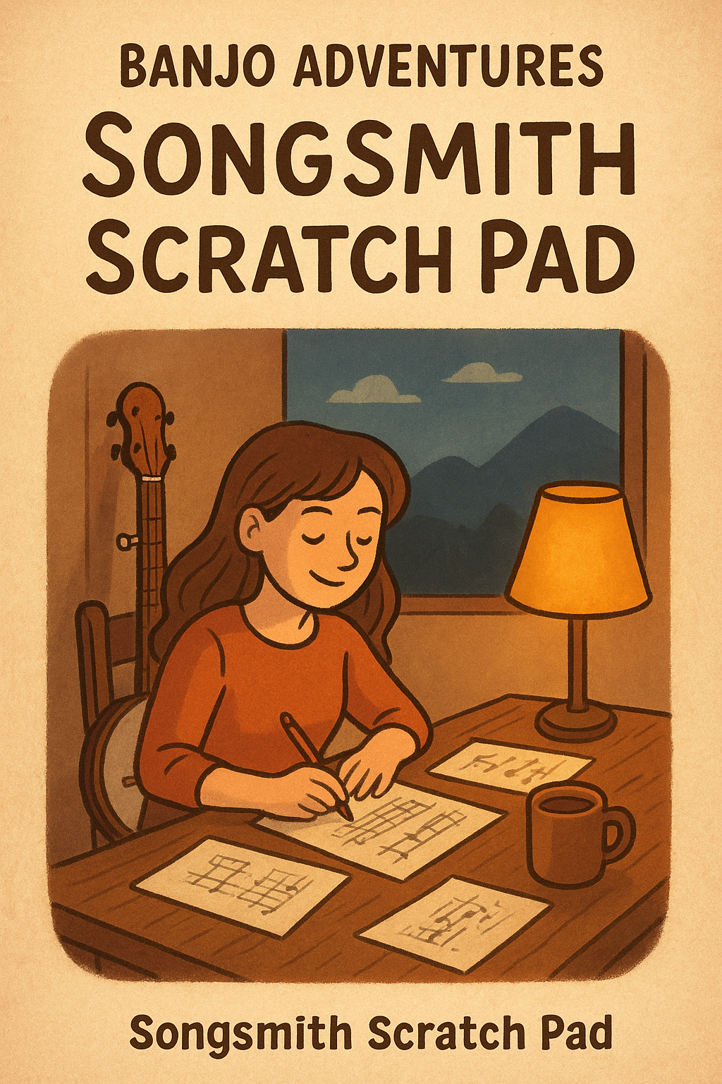 An illustrated woman sitting at a desk with a mug, writing on papers with crossword puzzles, a window showing mountains in the background, and a lamp.