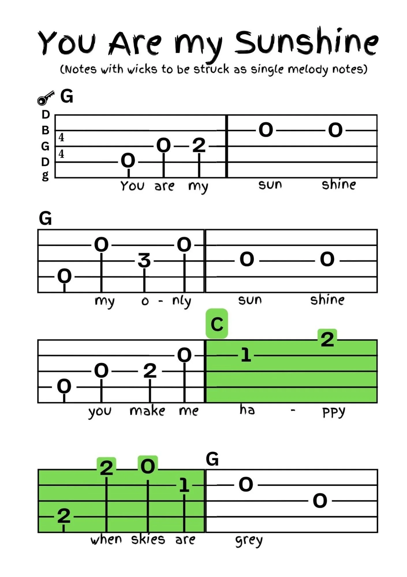 Sheet music for the song 'You Are My Sunshine' with guitar chords and lyrics, featuring notation for single melody notes and finger placements on guitar.