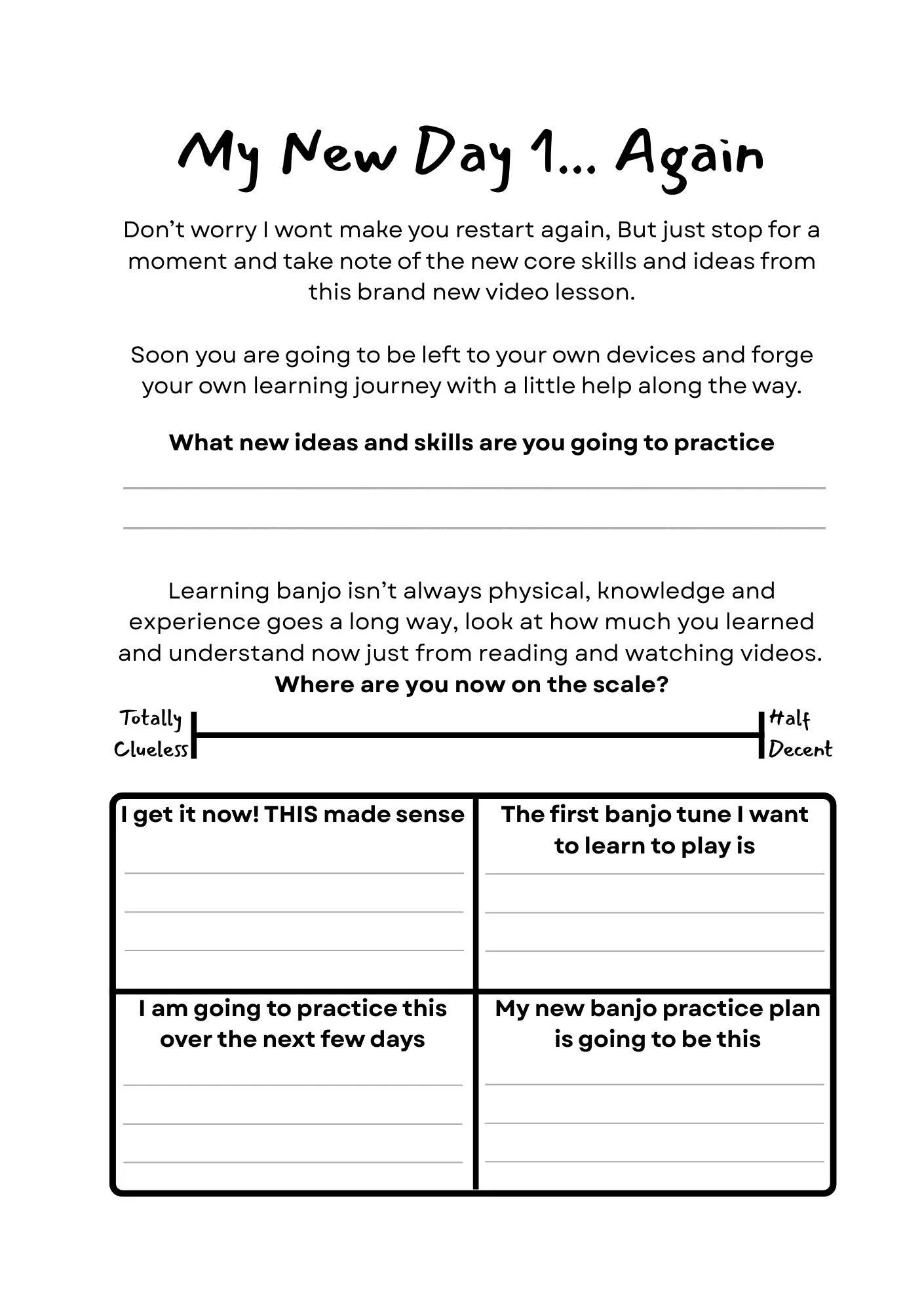 A printable worksheet titled 'My New Day 1... Again' with prompts for reflecting on learning and practice goals, including a scale from totally clueless to halfway decent and sections to write actions and plans for practicing banjo.
