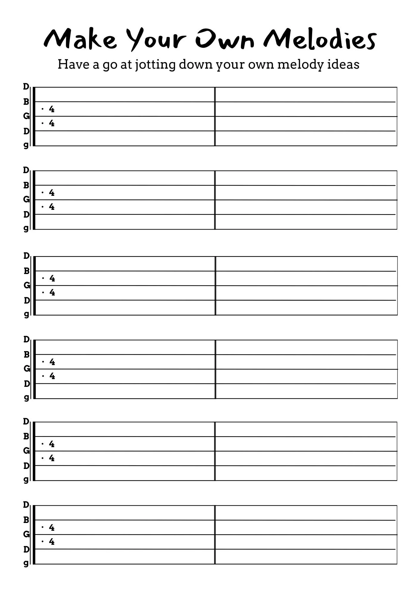 Music composition worksheet titled 'Make Your Own Melodies' with instructions to jot down melody ideas, containing five blank staff lines with note duration '.4' marked on each.